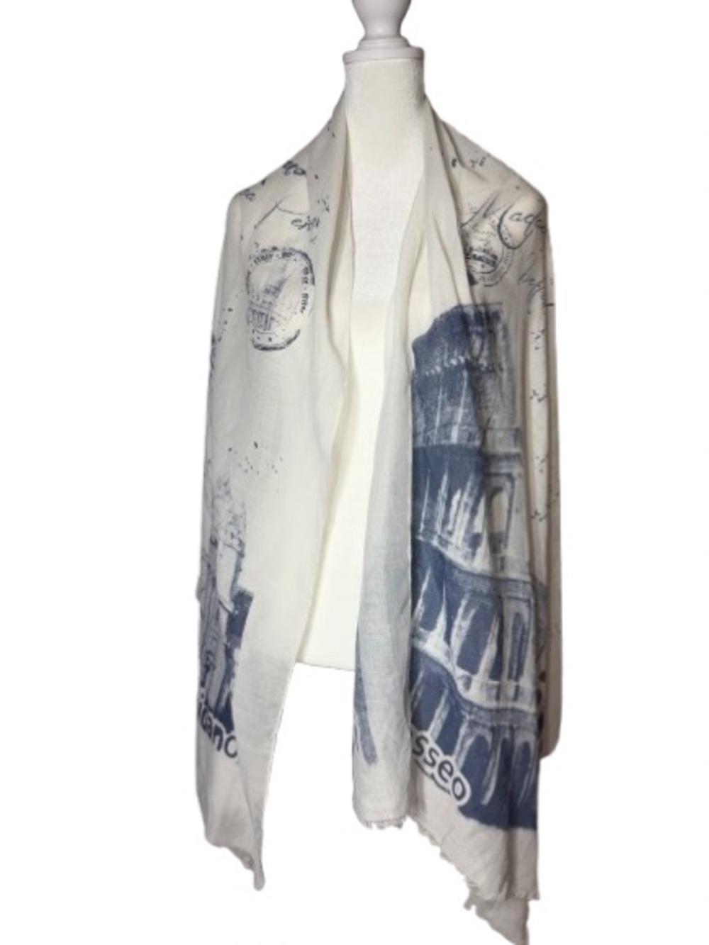 White & Blue Scarf, Shawl, Poncho Sheer Rome, Italy Theme with Fringe